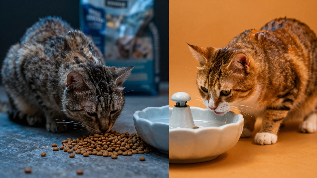 Кошка пьет из фонтанчика, справа — здоровая, слева — больная от сухого корма.