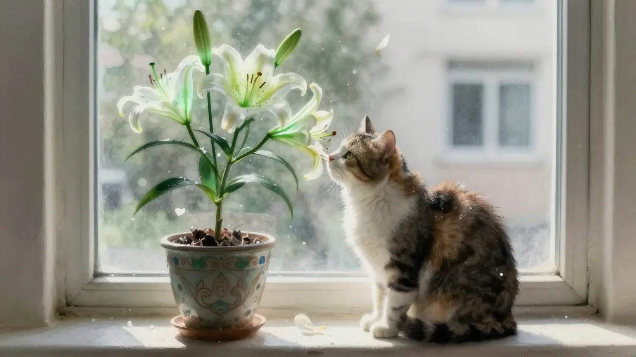 Кошка прикасается к лилии на подоконнике, цветок светится таинственно.
