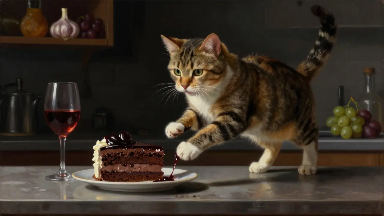 Кошка прыгает к столу с шоколадным тортом и бокалом вина, опасность рядом.