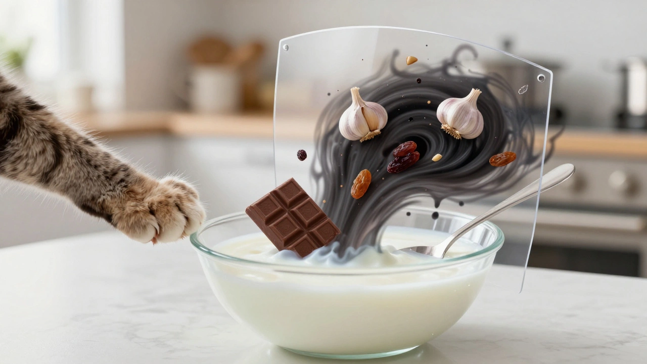 Лапа кошки тянется к молоку, но оно превращается в токсичные символы.