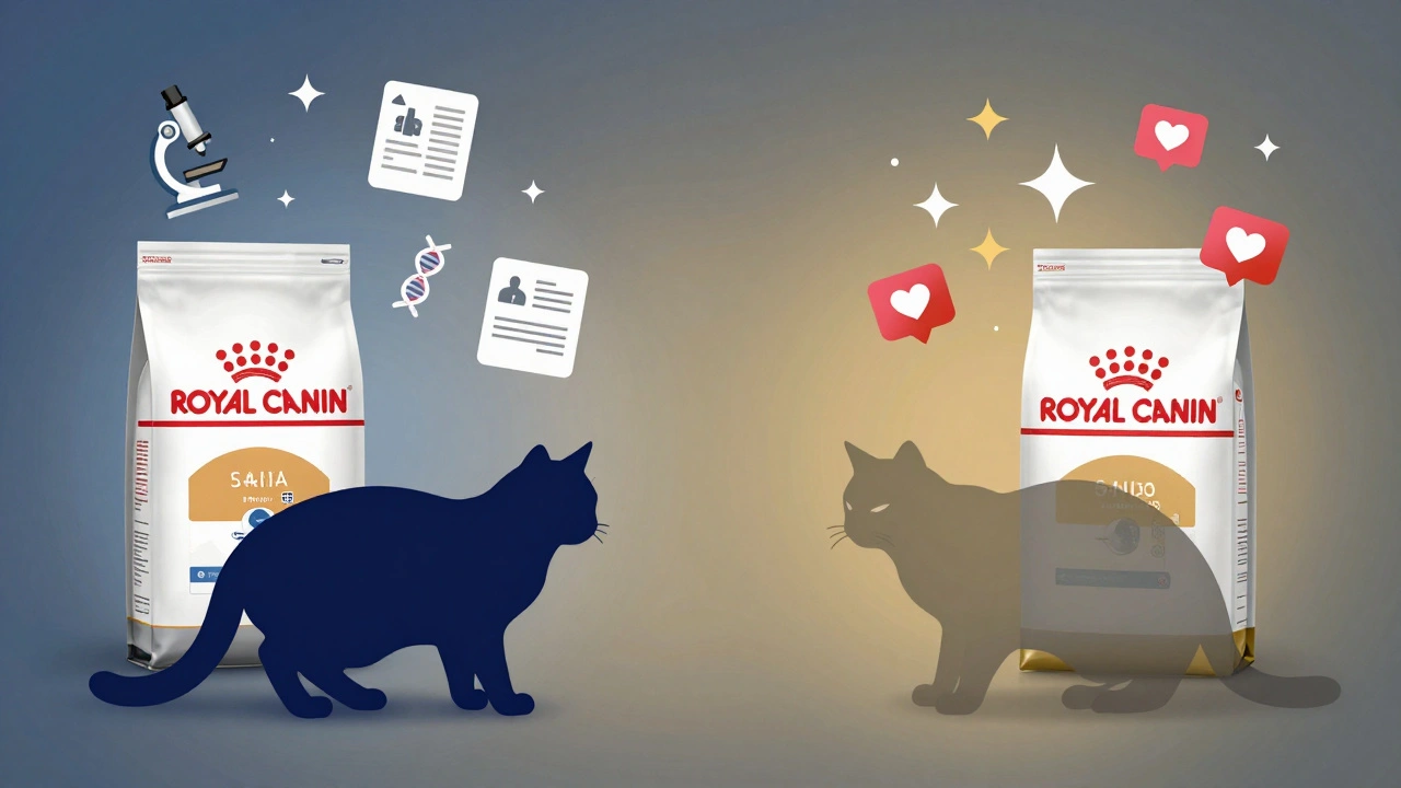 На одной стороне — корм Royal Canin с научными символами, на другой — обычный корм с рекламными значками, оба ведут к кошке.