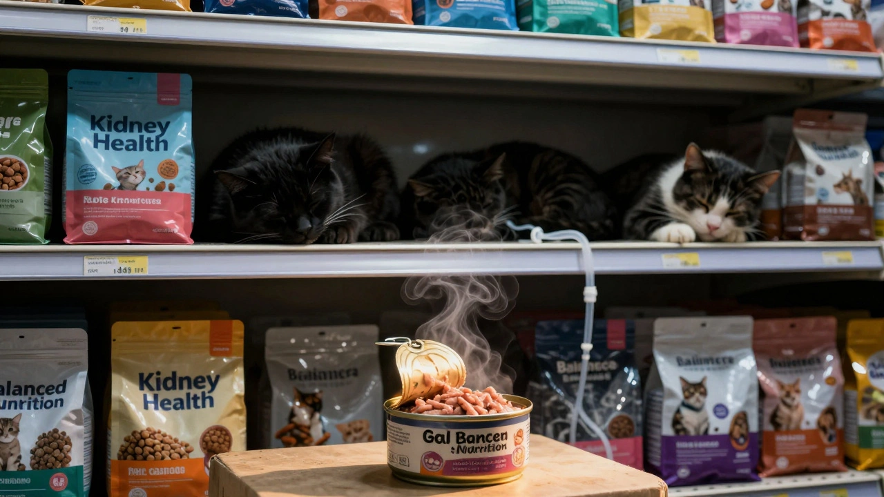 Полка с сухим кормом для кошек с ложными надписями, позади — силуэты больных кошек, впереди — баночка влажного корма с паром.