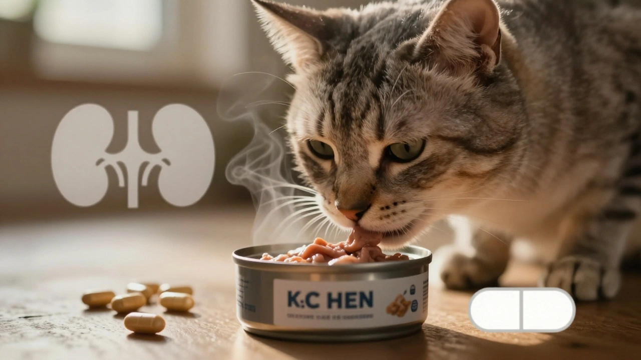 Пожилая кошка ест тёплый консервированный корм, рядом видны символы здоровья.