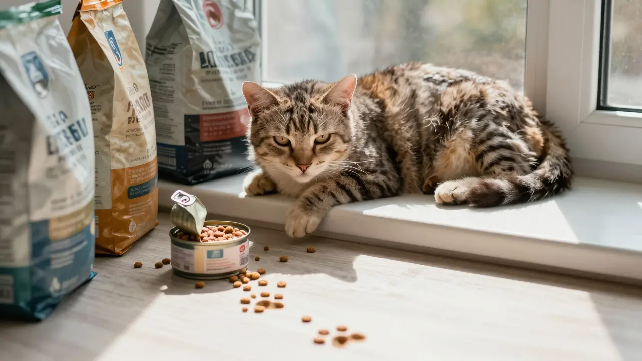 Пожилая кошка на подоконнике, рядом — старые пакеты сухого корма и свежая баночка влажного.