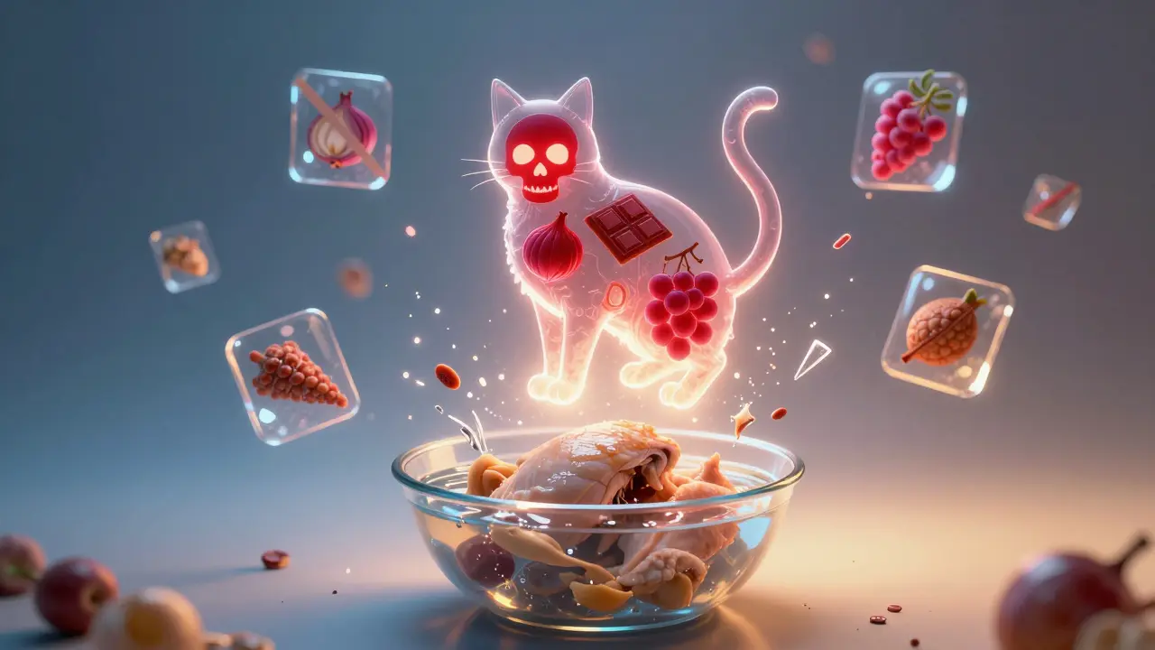 Прозрачная кошка с символами опасных продуктов, разрушающихся вокруг безопасной еды.