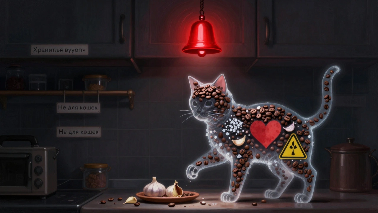 Прозрачная кошка с токсинами внутри, фон — запертый шкаф с предупреждениями.