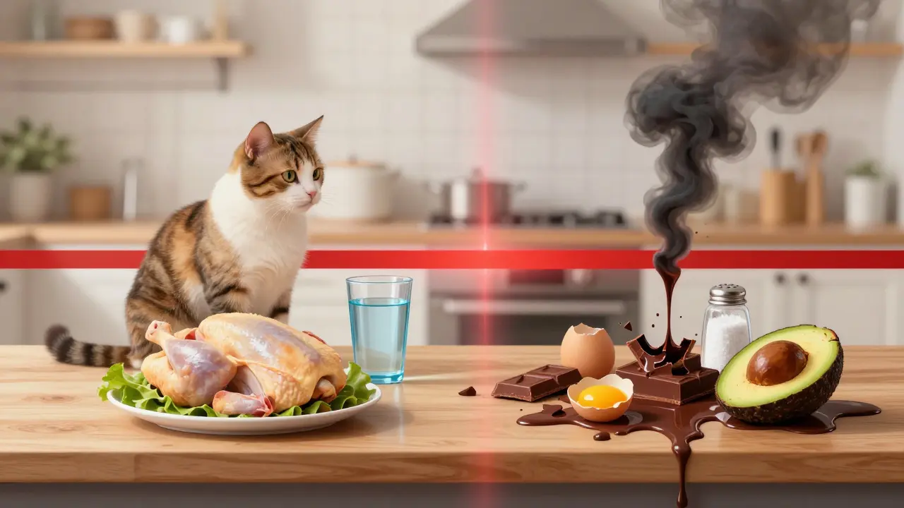 Разделенная кухня: безопасная еда слева, ядовитые продукты справа.