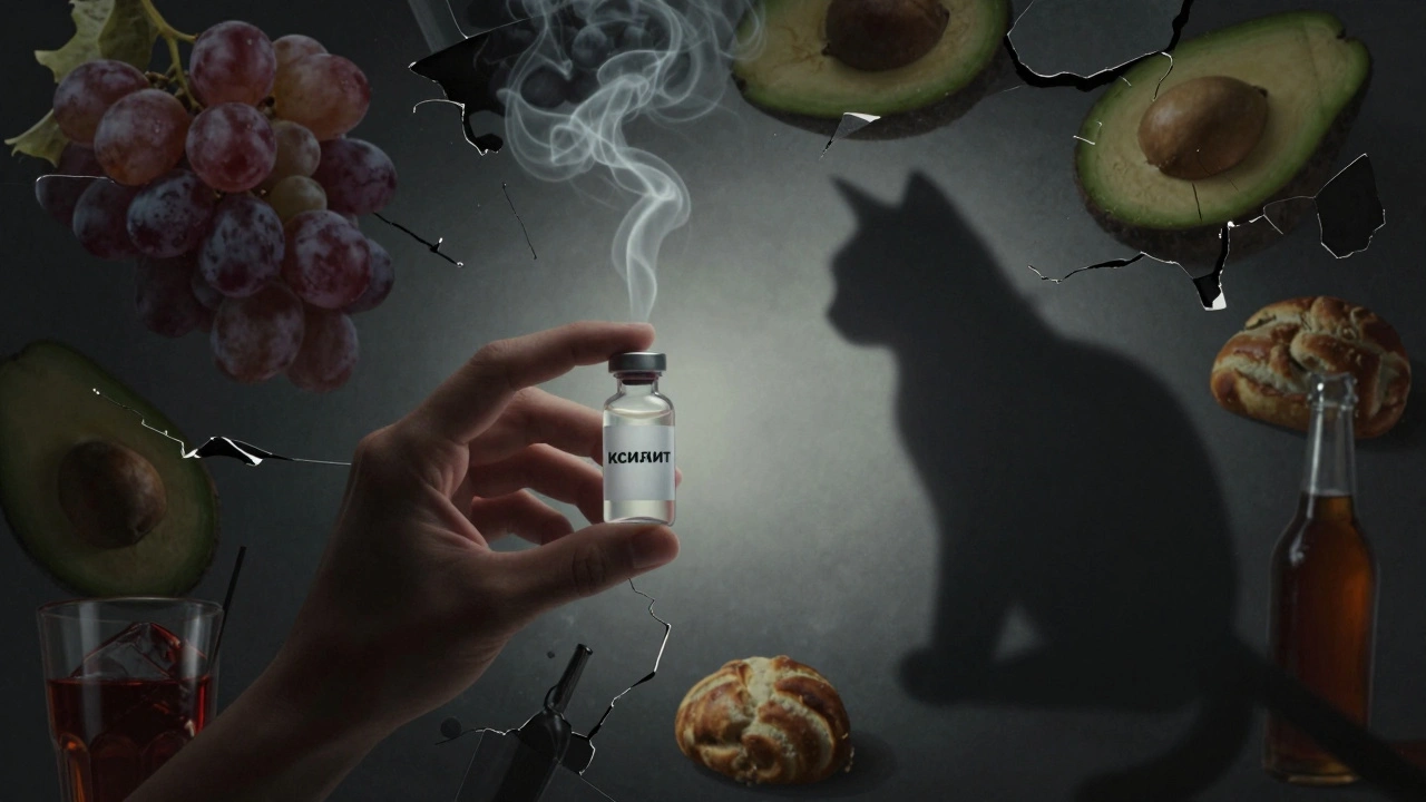 Рука держит баночку с ксилитом, тень кота растворяется в дыму среди запрещенных продуктов.