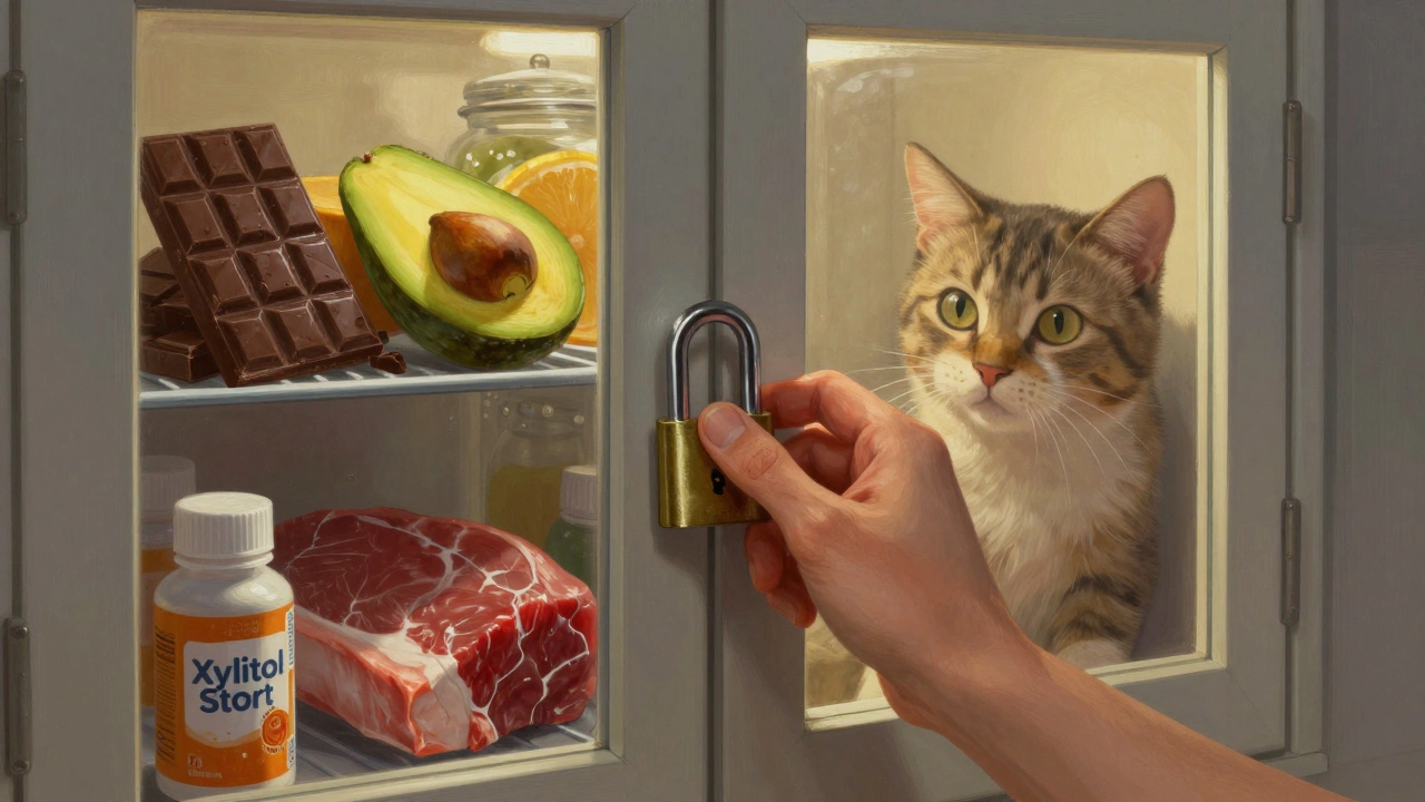 Рука запирает шкаф с ядовитыми продуктами, кошка смотрит изнутри.