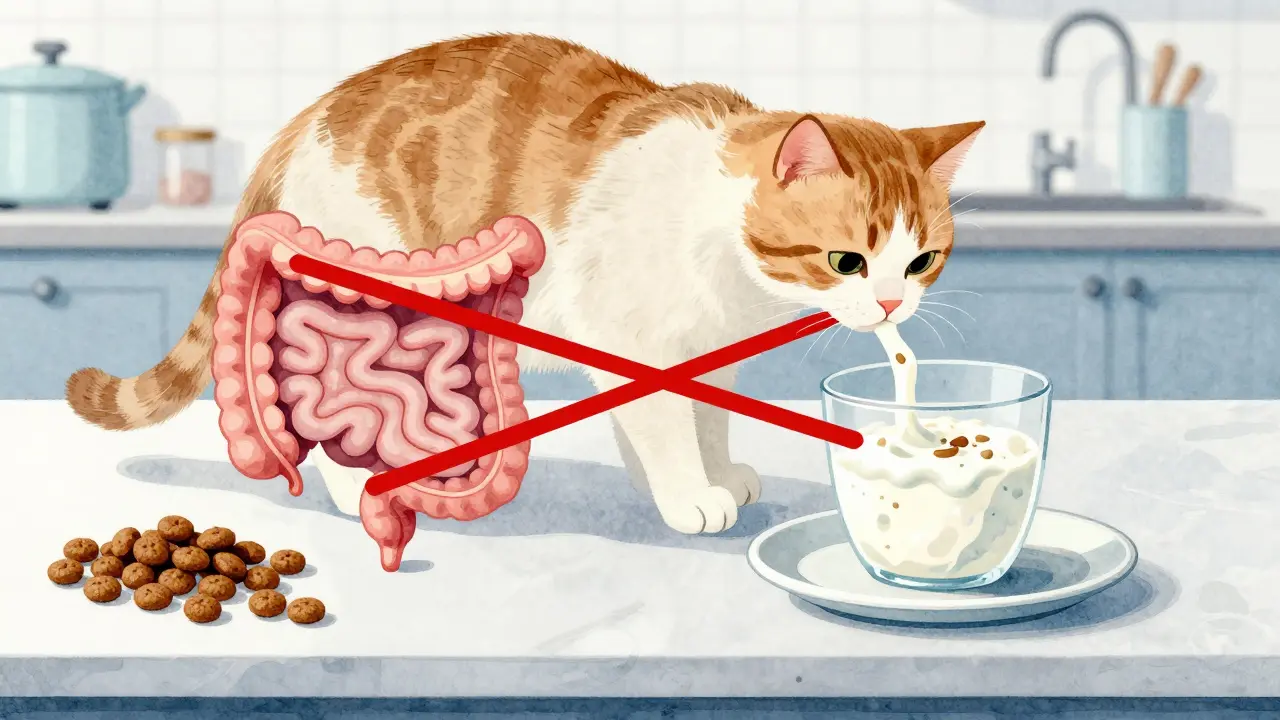 Схема пищеварения кошки с предупреждающими линиями между сухим кормом и кефиром, рядом — ветеринарная добавка.