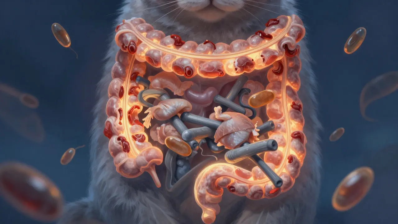 Схема пищеварения кошки: сырое мясо питает, вареное — забивает.