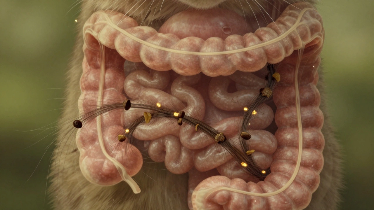 Схематичное изображение пищеварительного тракта кошки с движущимися волокнами и шерстью.