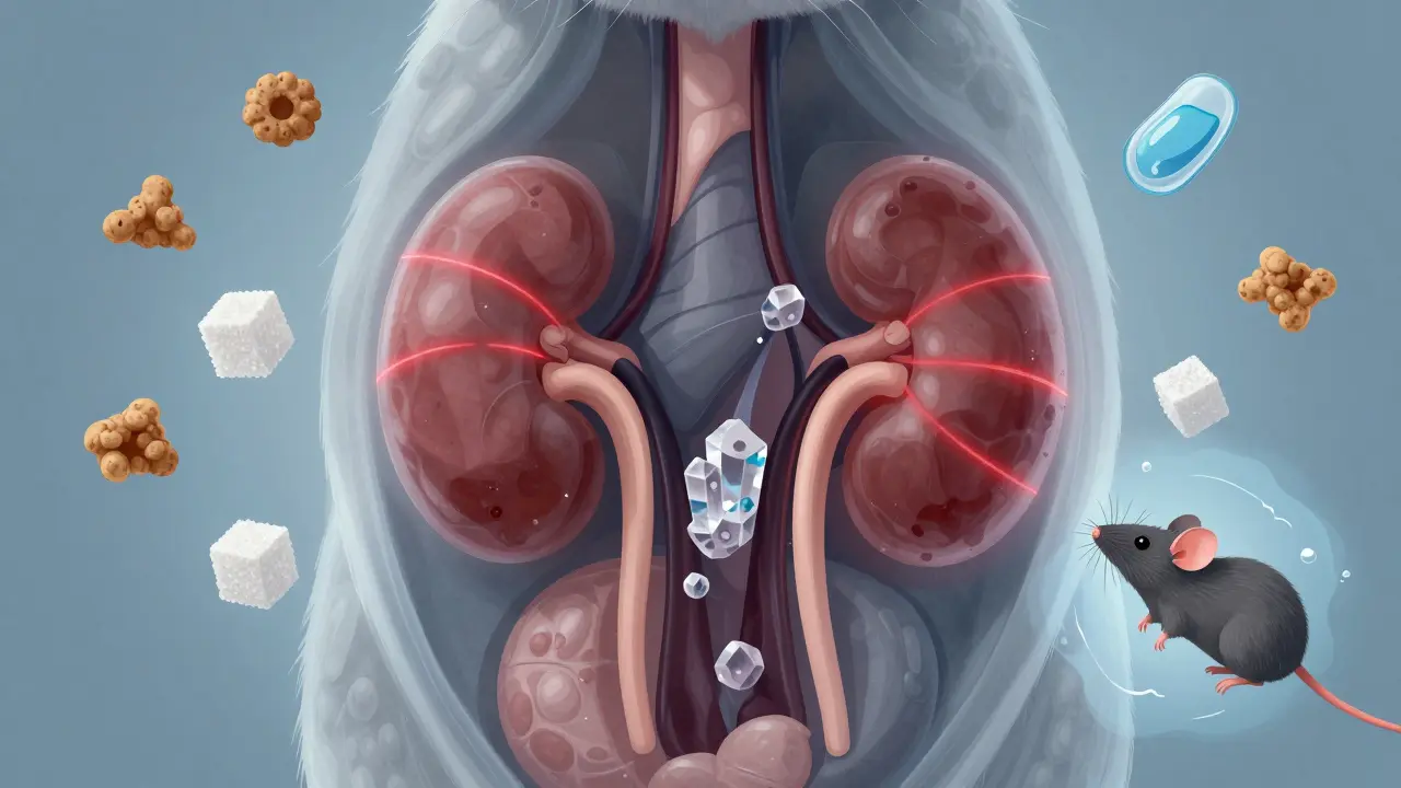 Схематичное изображение почек кошки с кристаллами камней и сухим кормом в виде символов.