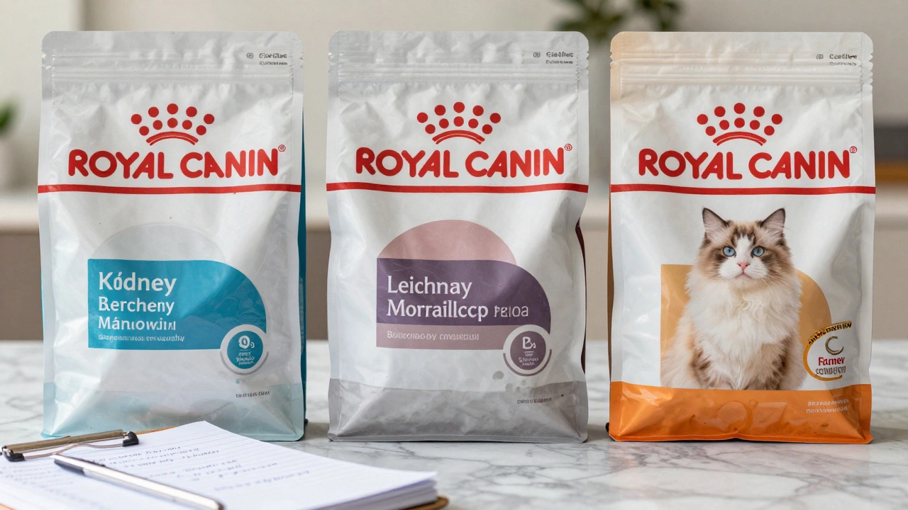 Три вида корма Royal Canin для разных состояний кошек: почки, стерилизация, порода перс, на мраморной поверхности.