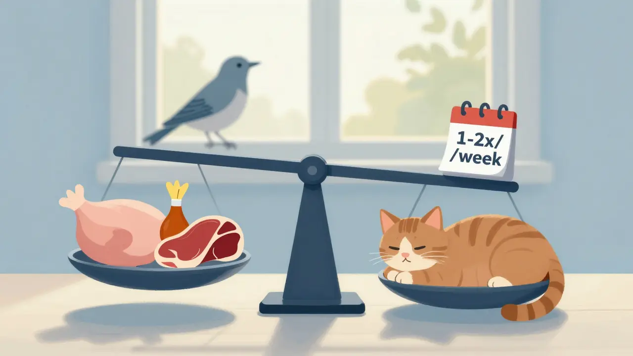 Весы сбалансированного рациона кошки: курица преобладает, рыба — редкое лакомство.