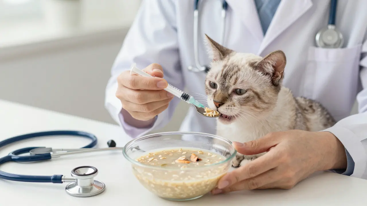 Ветеринар дает пожилой кошке овсянку с бульоном из шприца.