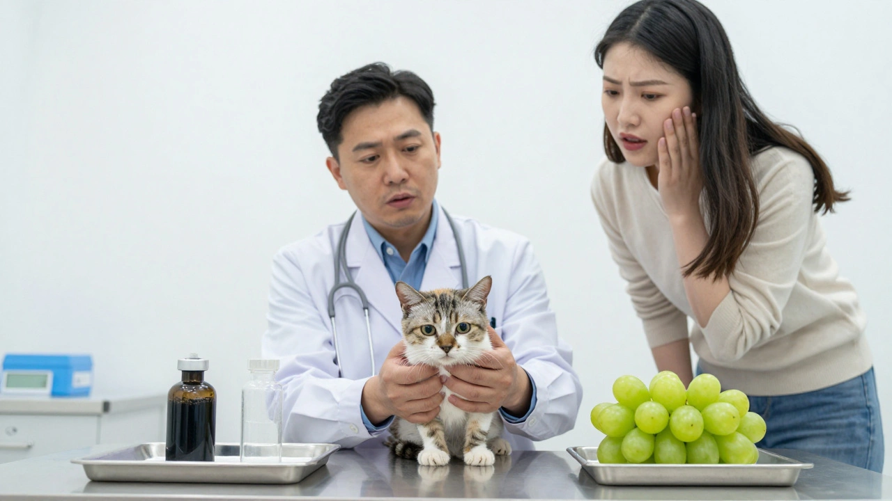 Ветеринар осматривает кошку в клинике, рядом лежат виноградинки и медицинские принадлежности.