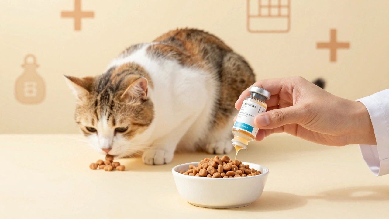 Ветеринар показывает безопасный бульон для кошек рядом с влажным кормом.