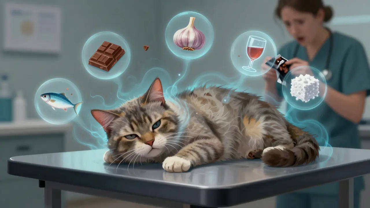 Ветеринарная таблица с кошкой и плавающими токсичными продуктами.