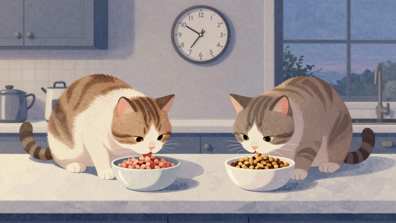 Взрослая кошка кормится из двух мисок — влажного и сухого корма — на кухне.