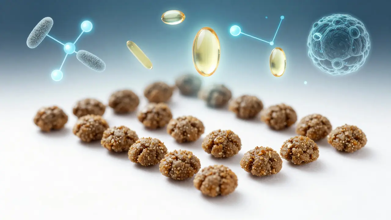 Детализированные гранулы Royal Canin с визуализацией питательных веществ внутри.