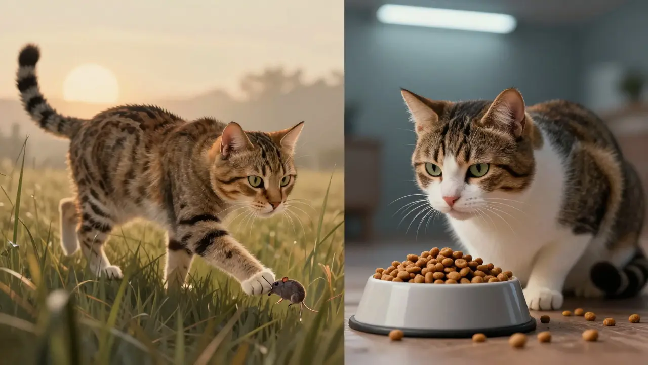 Контраст: дикая кошка охотится на мышь и домашняя кошка смотрит на невкусный корм.