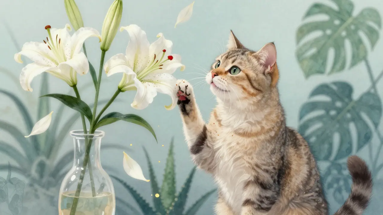 Кошка с пыльцой лилии на лапах стоит рядом с белым цветком.
