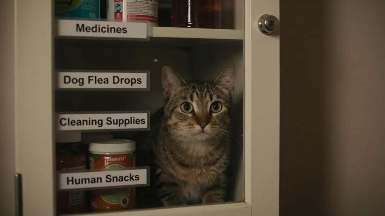 Кошка смотрит в закрытый шкаф с токсичными веществами.