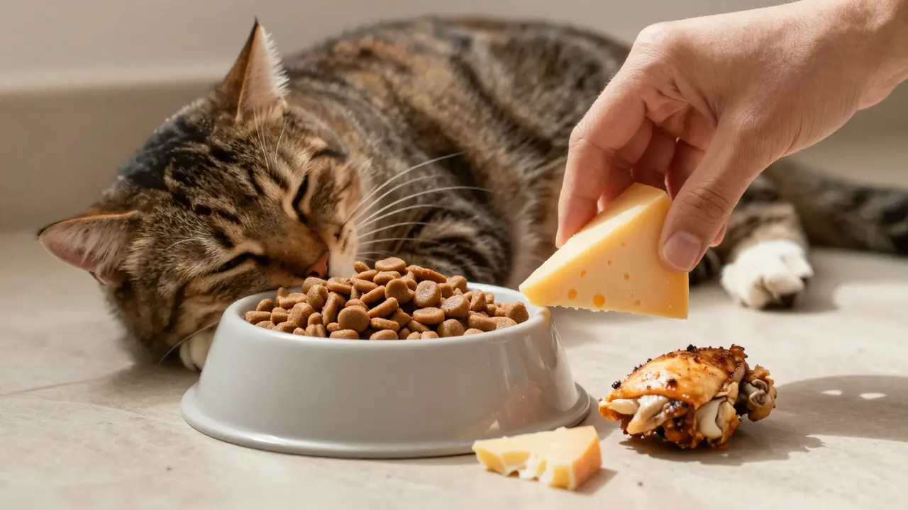 Кошка спит рядом с кормом и кусочком куриной грудки, а сыр лежит в стороне.