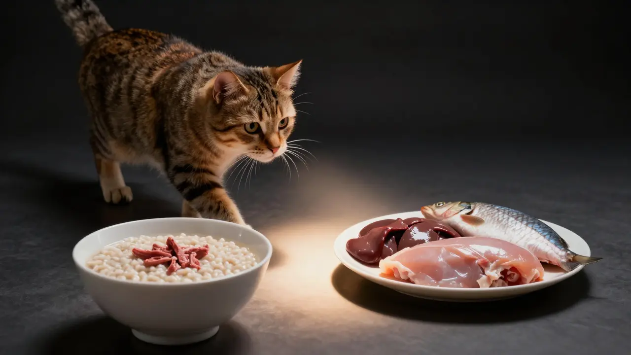 Кошка уходит от каши к миске с курицей и печенью, освещённая светом инстинкта.