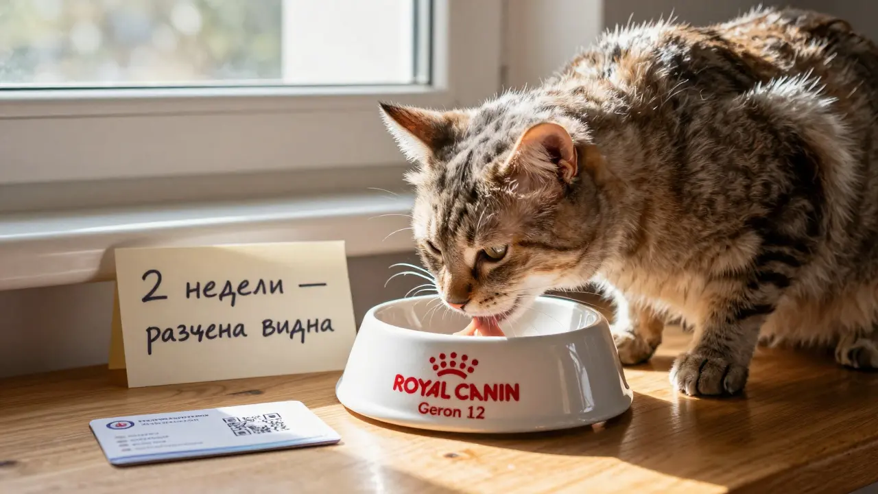 Пожилая кошка ест корм Royal Canin Geron 12 у окна, солнечный свет подчеркивает ее здоровую шерсть.