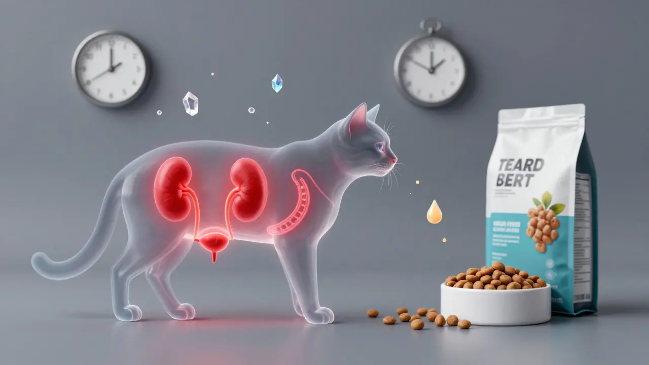 Прозрачная кошка с предупреждающими зонами на почках и мочевом пузыре из-за сухого корма.