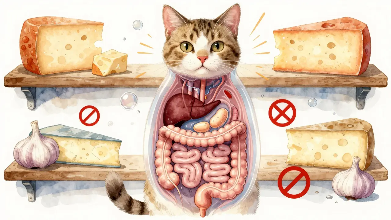 Прозрачное изображение кошачьего кишечника с бродящей лактозой и символами запрета на мягкие сыры.