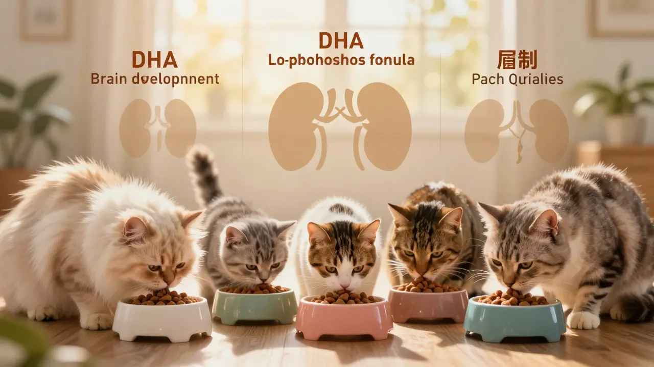 Разные породы кошек едят специализированный корм Royal Canin в тёплом свете.