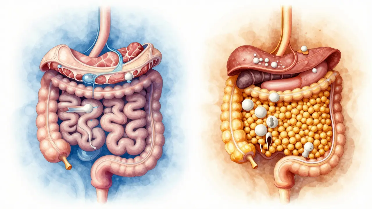 Схема здорового и нездорового пищеварения кошки, визуально разделённая на две стороны.