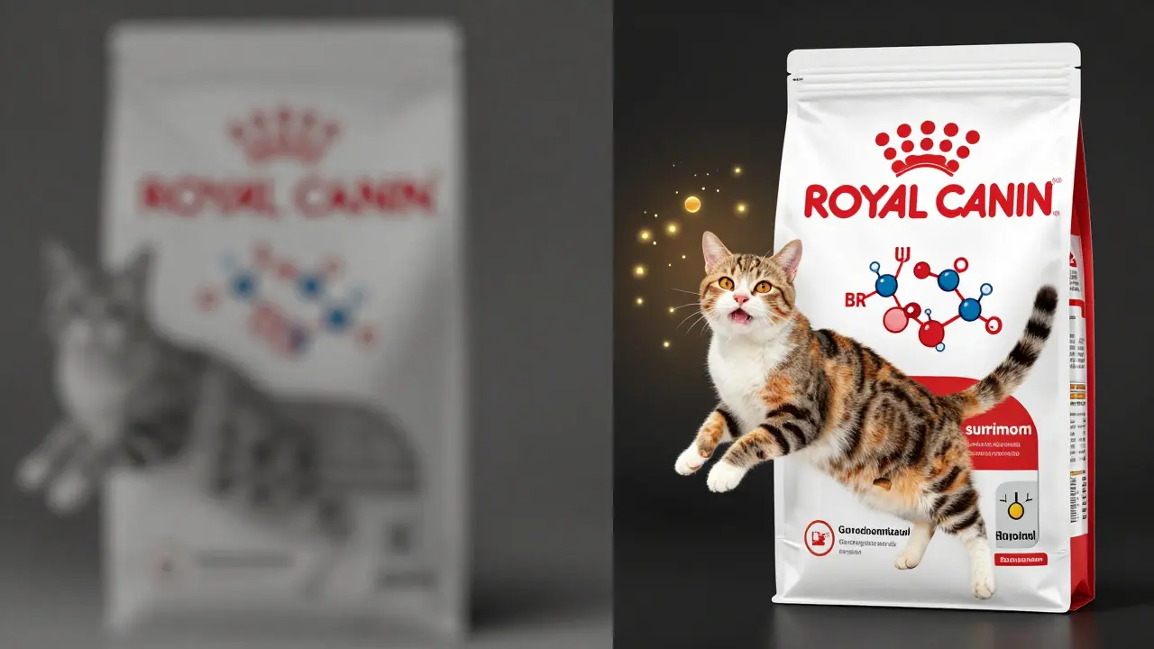 Сравнение: слева — уставшая кошка с обычным кормом, справа — активная кошка с точными питательными формулами Royal Canin.