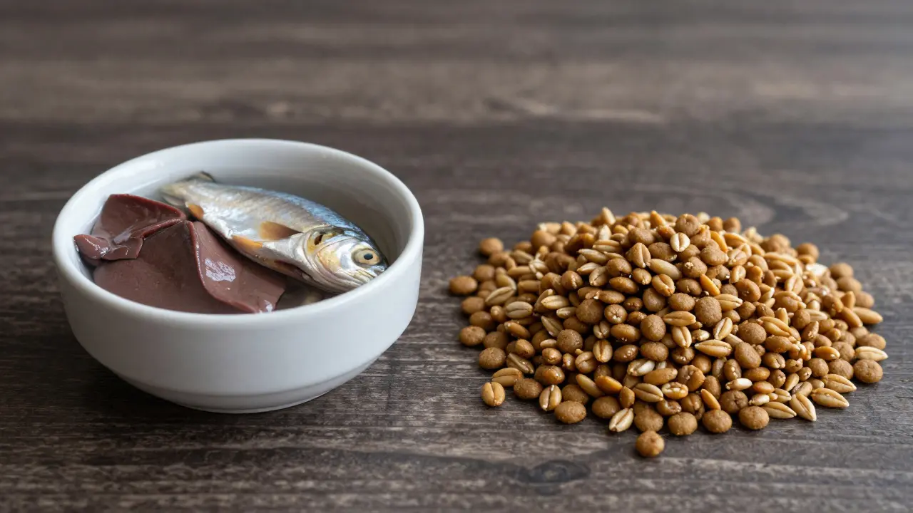 Весы с влажным кормом и сухим кормом — влажный корм тяжелее, символизируя лучшее питание.