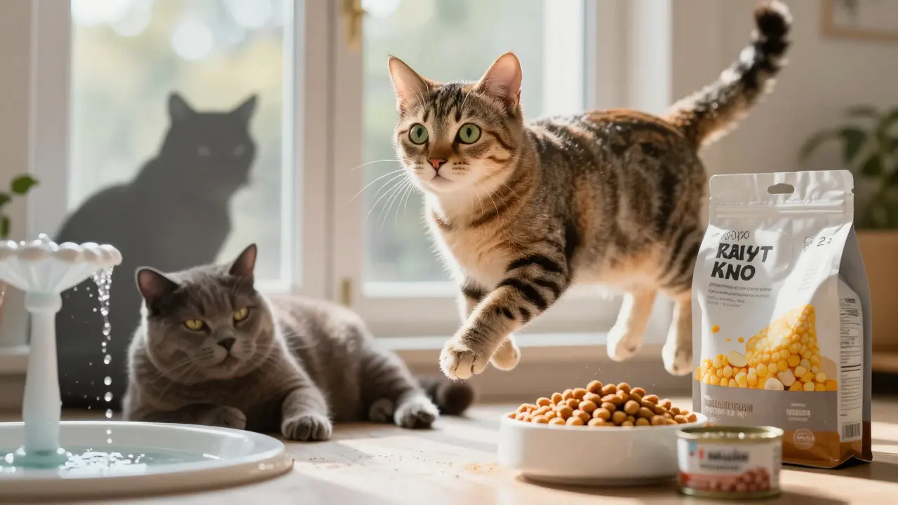 Здоровый кот прыгает к окну, за ним — тень больного кота у миски с сухим кормом.