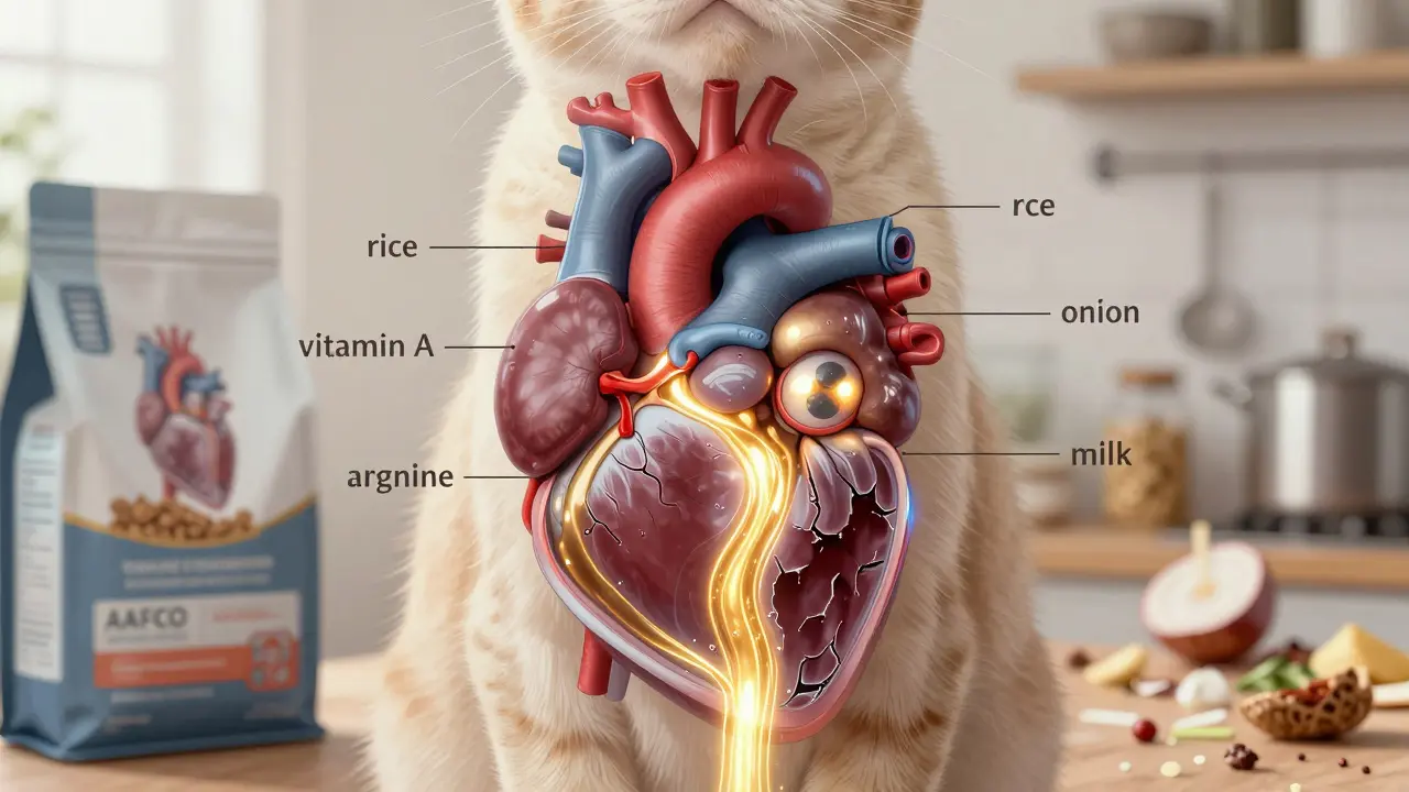 Анатомия кошки с потоками питательных веществ: таурин и витамин А светятся, а вредные продукты темны.