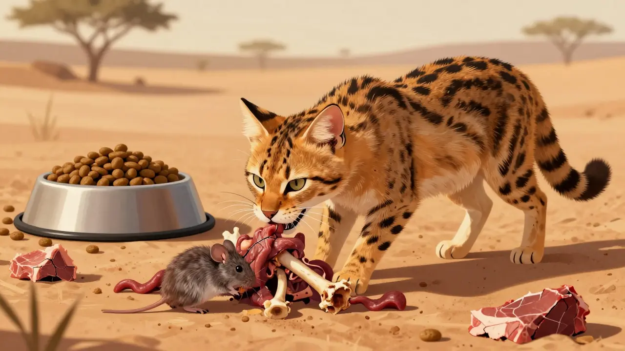 Дикая кошка поедает мышь целиком — с костями и внутренностями — в пустынной среде.