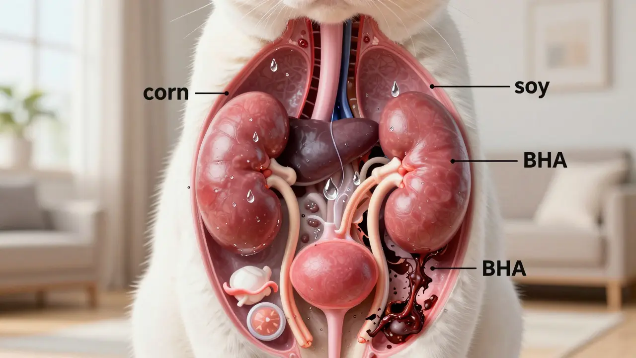 Художественное изображение здоровых почек кошки, наполненных водой, в противовес токсичным ингредиентам, разрушающимся вокруг.