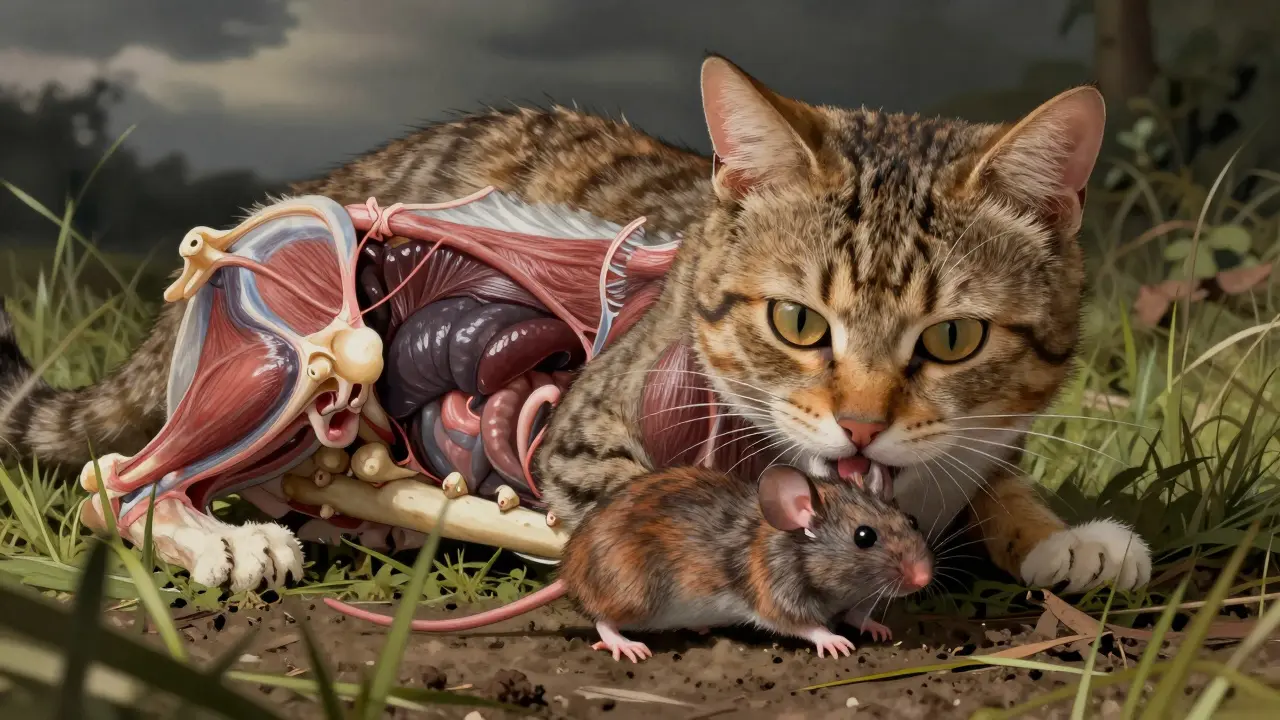 Кошка ест мышь целиком — мышцы, кости и шерсть видны на пище.