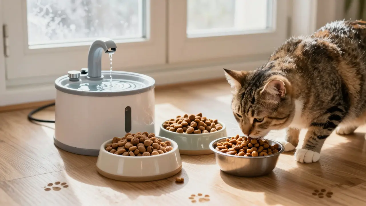 Кошка ест смесь влажного и сухого корма рядом с фонтанчиком для воды.