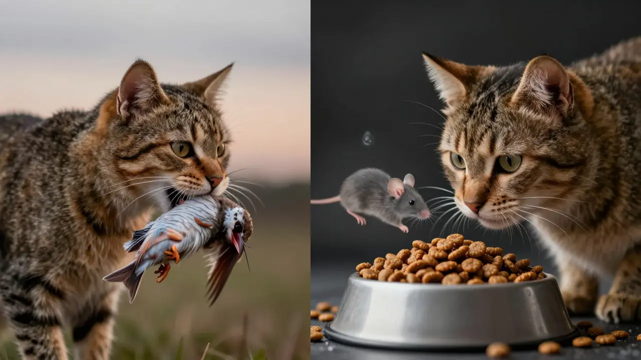 Сравнение: дикая кошка с добычей и домашняя с сухим кормом.