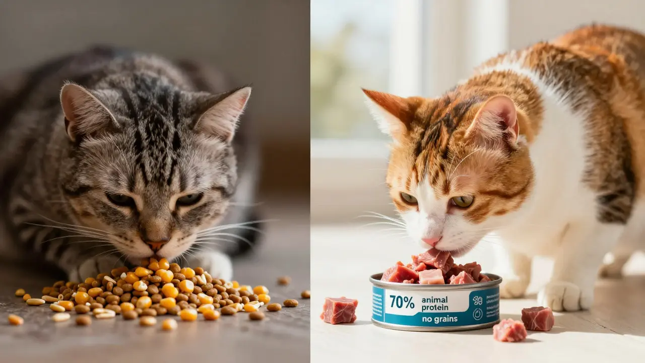 Сравнение: слева — тусклая кошка с дешёвым кормом, справа — здоровая кошка с качественным кормом и чёткими надписями.