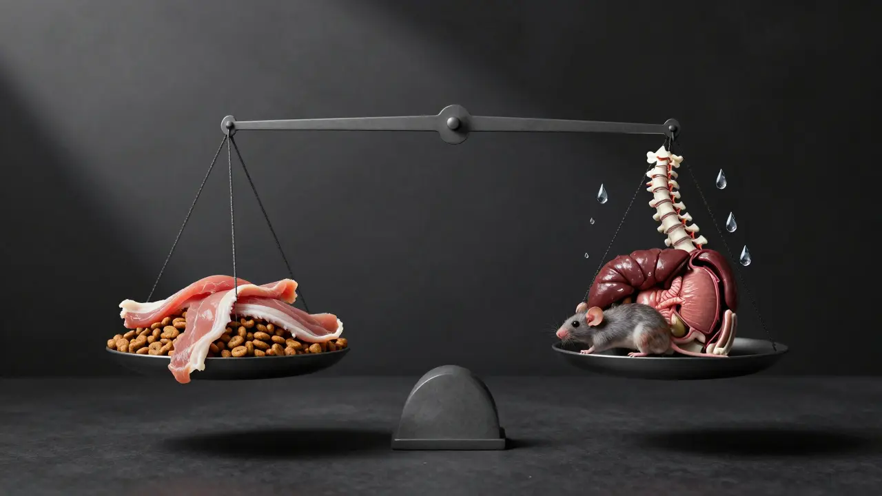 Весы с одной стороны — сухой корм и мясо, с другой — целая добыча и вода, символизирующие баланс питания.