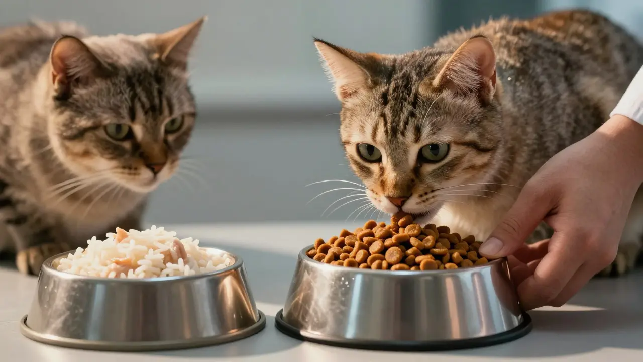 Ветеринар кладет сбалансированный корм рядом с миской курицы и риса, две кошки на фоне.