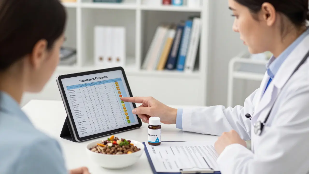 Ветеринар объясняет владельцу кошки сбалансированный рацион с добавками и анализами в клинике.