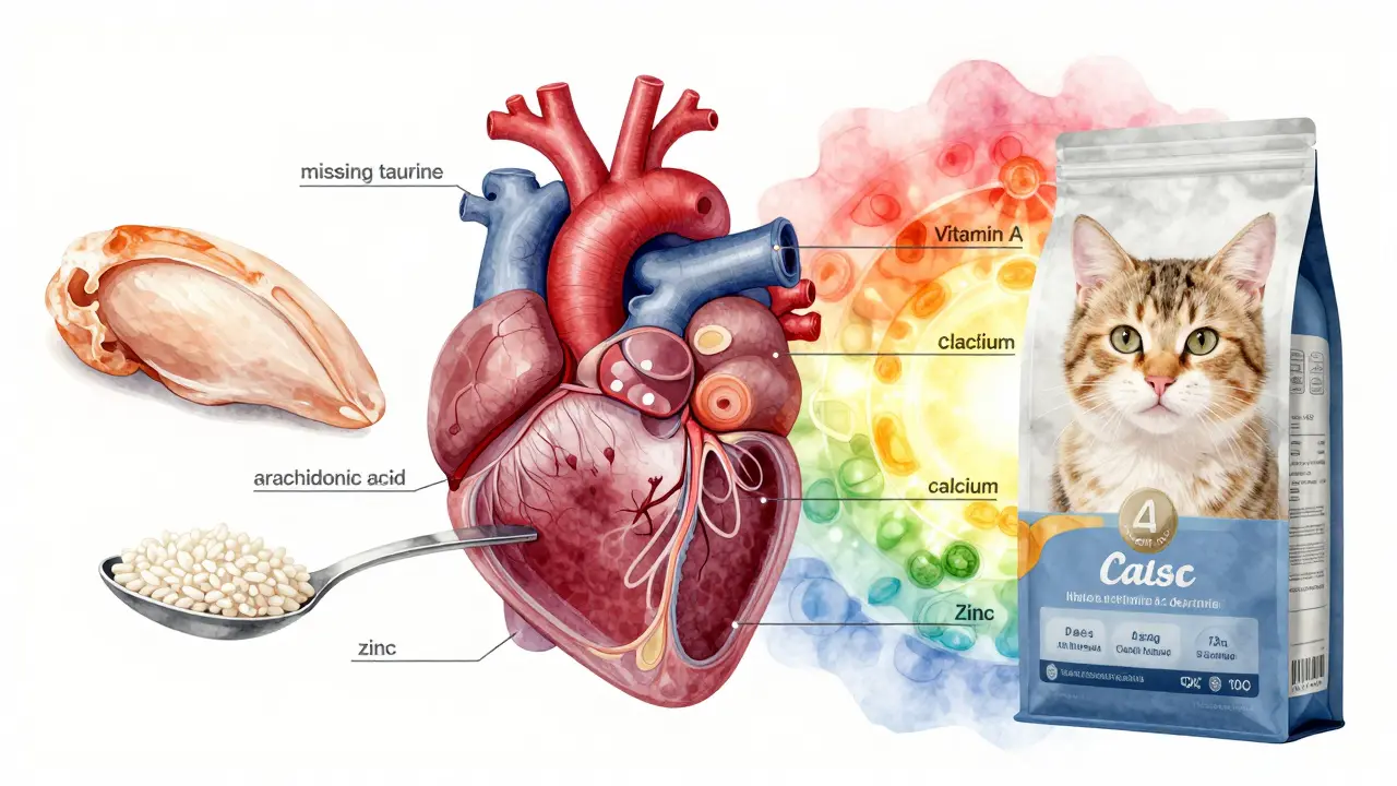 Внутреннее строение кошки с отсутствующими питательными веществами, рядом — курица и рис.