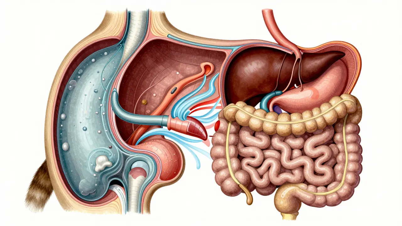 Анатомическая иллюстрация пищеварительной системы кошки с конфликтом между влажной и сухой пищей.